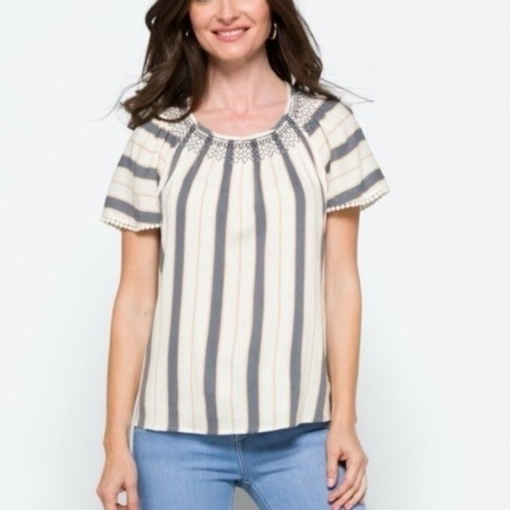 Daniel Rainn Mallory Embroidered Striped Smocked Flutter Sleeve Top XL